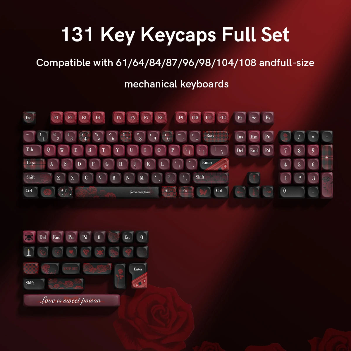 130 Keys Dark Rose MOA Profile PBT Keycaps Dye Sub Customs Key caps for 61/87/104 Cherry MX Switch Gaming Mechanical Keyboard