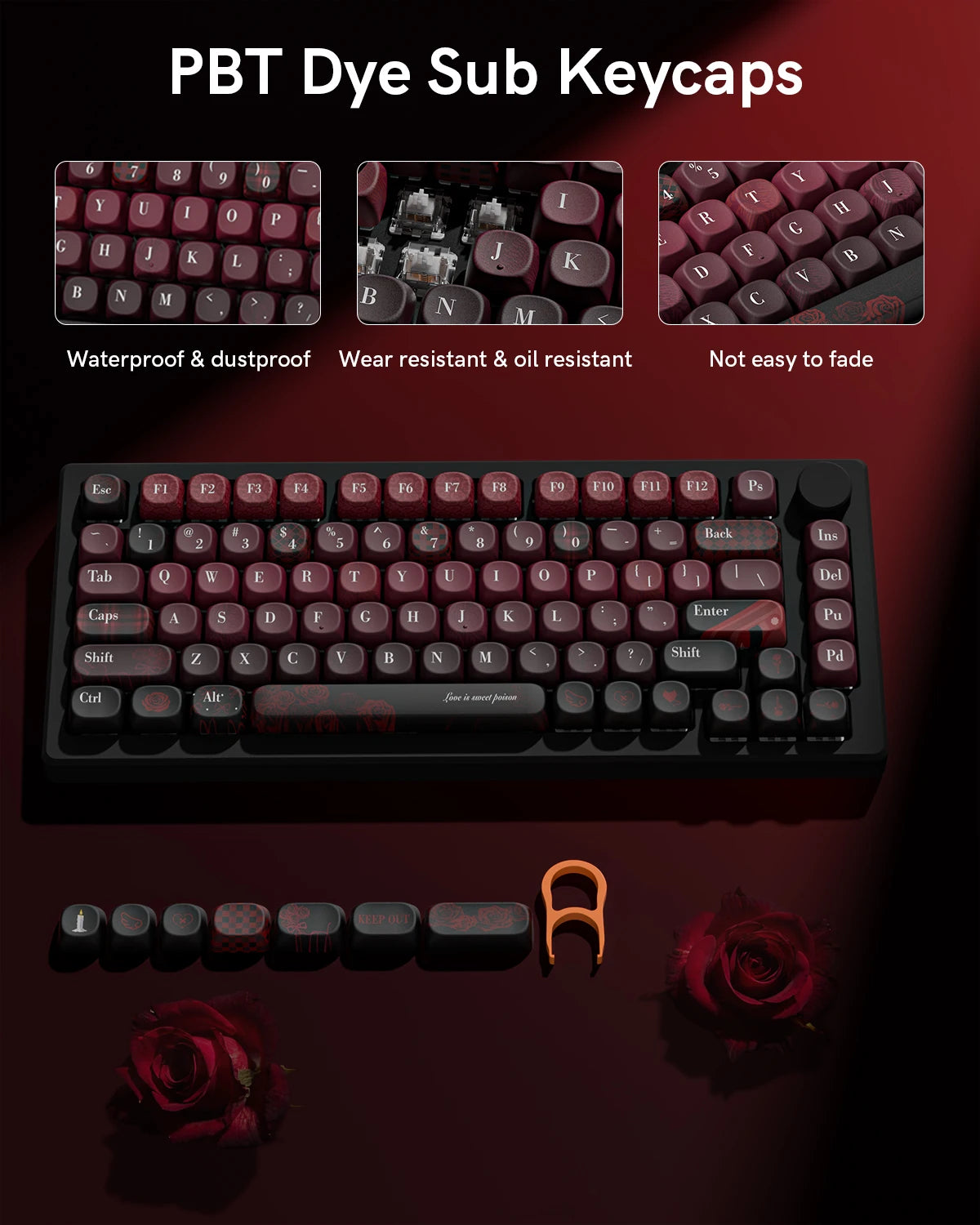 130 Keys Dark Rose MOA Profile PBT Keycaps Dye Sub Customs Key caps for 61/87/104 Cherry MX Switch Gaming Mechanical Keyboard